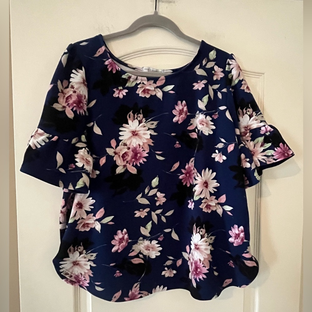 Green Envelope Blue Floral Ruffle Sleeve Women’s Blouse Size 1X
